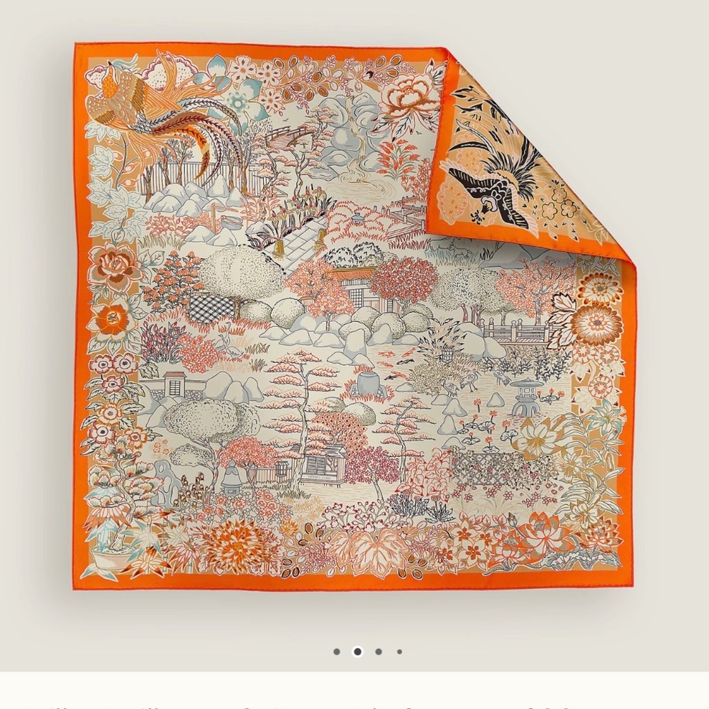 HERMES Mille Feuilles de Soie double face scarf 90 Orange / Gris Perle / Beige